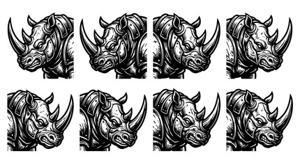 Fierce Rhino Head Illustration Set - Powerful Wild Animal Art © Wagiman Studio