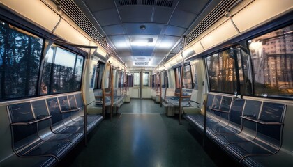 Obraz premium Interior of an Empty Subway Car with Seats and Windows.