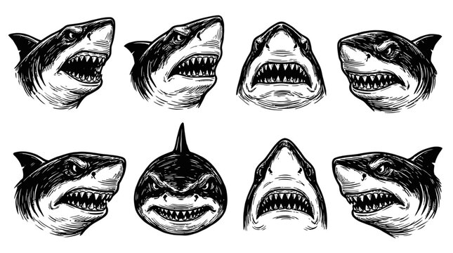 Fierce Shark Heads Collection: Multiple Angles, Open Mouths, Sharp Teeth, Vintage Drawing Style