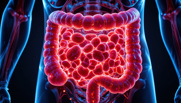 Human digestive system highlights the large and small intestines in a clinical visualization.