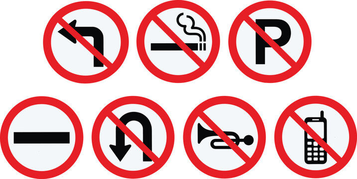 Prohibition and restriction signs set including no smoking no parking no entry and traffic symbols isolated on white