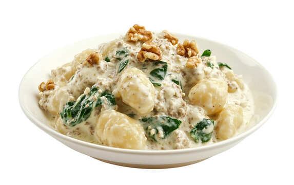 Delicious potato gnocchi coated in gorgonzola cream sauce and fresh spinach close up Isolated on transparent background PNG