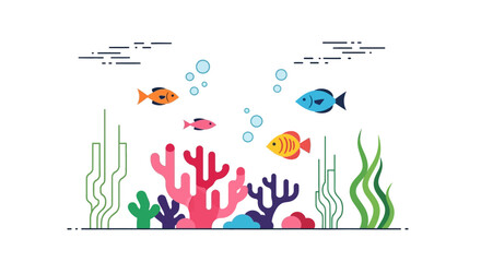 Colorful flat illustration of tropical fish swimming among coral reefs in the ocean. © JK