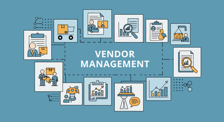 Fototapeta premium Comprehensive Vendor Management Overview Featuring Procurement, Contracts, and Supplier Coordination for Efficient Business Operations.