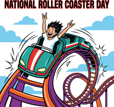 Happy boy riding a teal roller coaster with orange tracks and a loop against a blue sky with clouds for national roller coaster day celebration