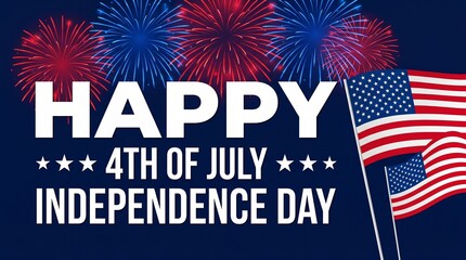 Obraz premium Happy 4th of July Independence Day greeting, patriotic American flags with fireworks on blue background, United States national holiday celebration banner