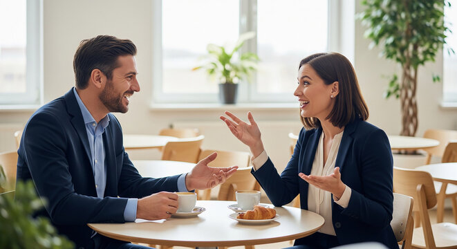 Cheerful business partners discussing happily over coffee in modern cafe perfect for successful corporate networking and positive professional relationship