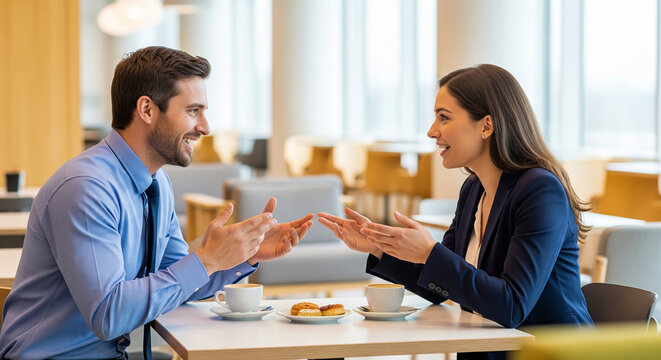 Happy corporate colleagues talking and smiling in bright cafe perfect for friendly business networking and professional communication