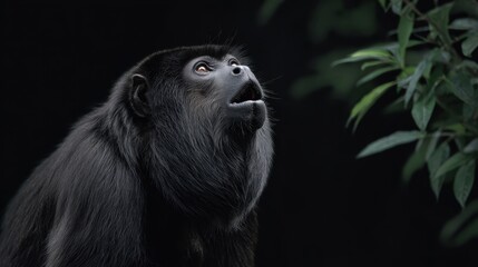 Obraz premium Captivating Black Monkey Gazing Upward Surrounded by Green Leaves