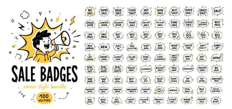 Comic style sale badges bundle, 100 vector promotion labels with megaphone boy, hand drawn discount stickers for retail marketing