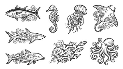 Intricate Ocean Life: Tuna, Seahorse, Jellyfish, Shark, Dolphin, Manta Ray, Fish School, Octopus © Wagiman Studio