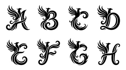 Elegant Phoenix Alphabet Letters A, B, C, D, E, F, G, H - Decorative Monograms © Wagiman Studio