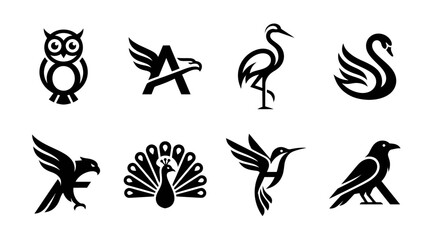 Fototapeta premium Set of stylized black bird icons: owl, eagle, crane, swan, hummingbird, raven, peacock