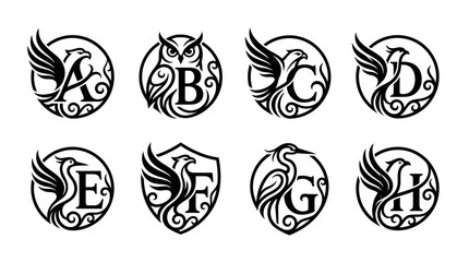 Mythical Creature Monograms: Phoenix, Griffin, Owl, Alphabet Letters A-H © Wagiman Studio