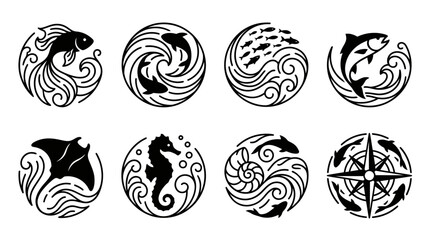 Ocean Life Circular Icons: Fish, Dolphins, Seahorse, Manta Ray, Compass © Wagiman Studio