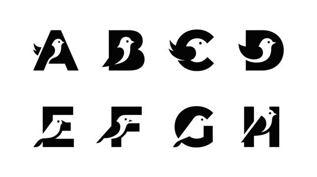 Alphabet Letters A B C D E F G H with Bird Icon