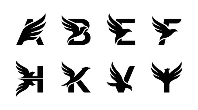 Eagle Alphabet Logo Designs: A, B, E, F, H, K, V, Y - Bird Letter Emblems