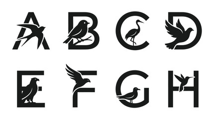 Alphabet Letters with Bird Silhouettes: A-H, Ornithology Design Elements © Wagiman Studio