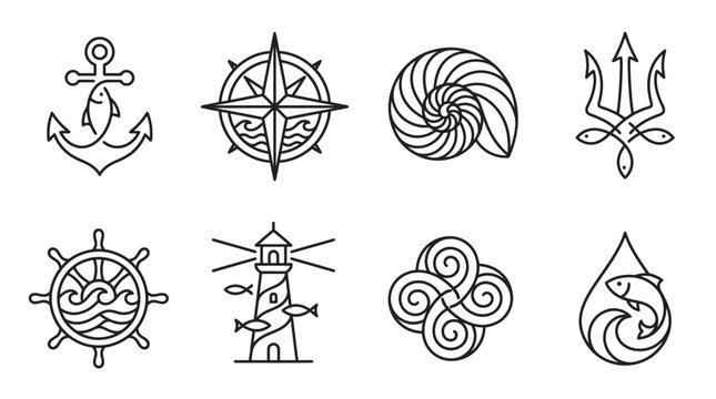 Nautical Icons Set: Anchor, Compass, Seashell, Trident, Lighthouse, Wheel, Waves, Fish