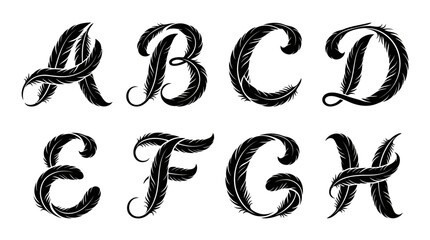 Elegant Feather Alphabet Letters A, B, C, D, E, F, G, H - Calligraphy Design © Wagiman Studio