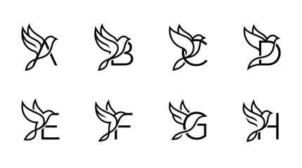 Elegant Bird Letter Logos: A-H Collection, Minimalist Design, Symbolic Branding © Wagiman Studio