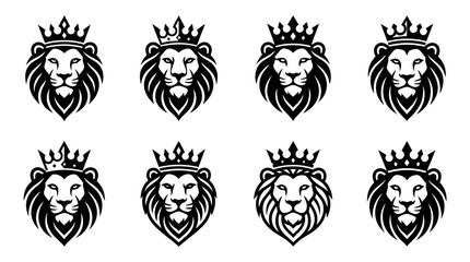 Obraz premium Lion Head Crown Icons Set, Majestic Regal Symbol Vector Graphics