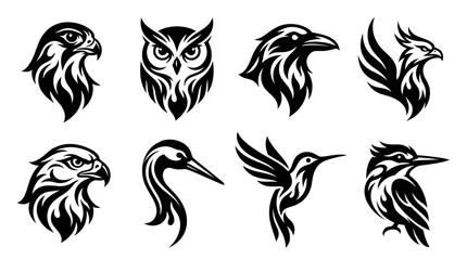 Obraz premium Tribal Bird Silhouettes Collection: Eagle, Owl, Raven, Hummingbird, Heron, Kingfisher Icons