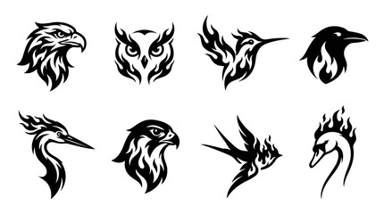 Obraz premium Fiery Bird Silhouettes Collection: Eagle, Owl, Hummingbird, Raven, Heron, Swan