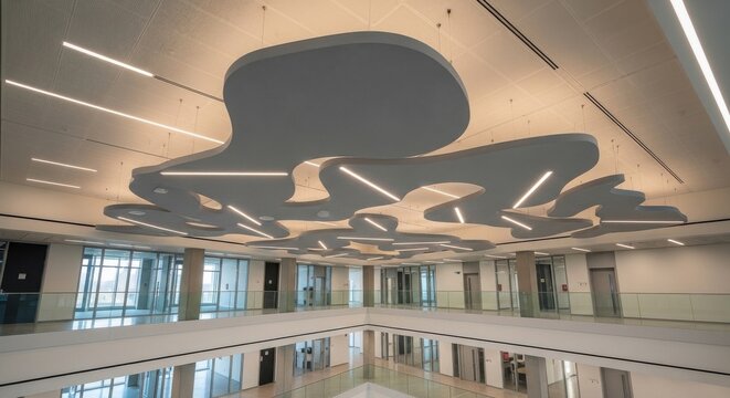 Modern Interior Architecture Featuring Suspended Organic Acoustic Baffles with Integrated Lighting