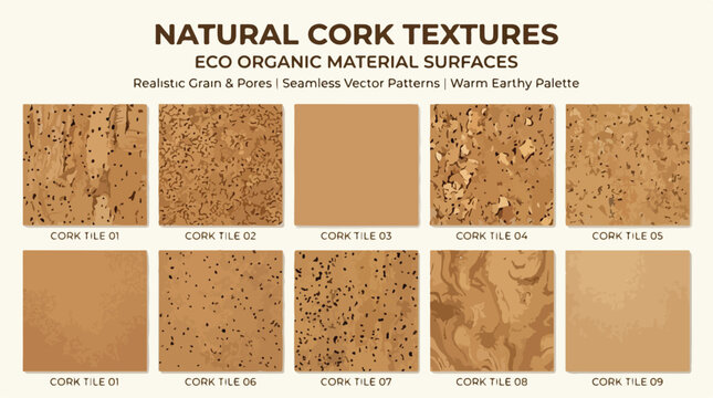 Natural cork textures, eco organic material surfaces with realistic grain and pores, seamless vector patterns in warm earthy palette, 10 cork tiles