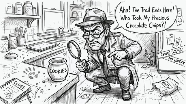 Vintage detective comic illustration, private investigator searching for stolen chocolate chip cookies in kitchen, noir style crime scene vector