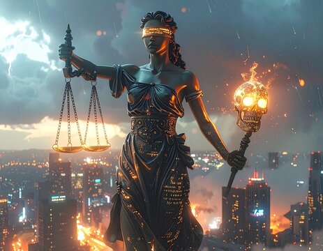 Statue of Lady Justice Holding Scales and Burning Skull Over City