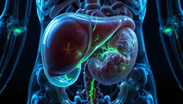 Digital illustration shows human internal organs with glowing highlights against a dark background.