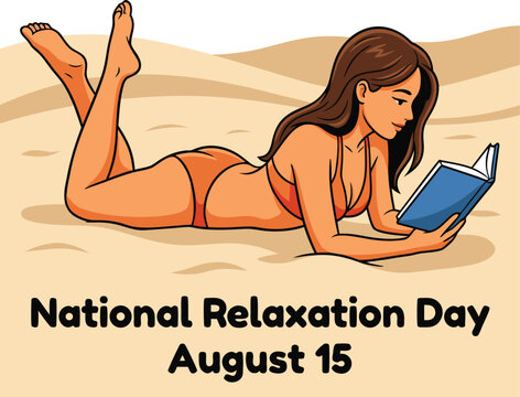 Woman with brown hair in an orange bikini lying on the sand reading a blue book with bold black text below reading national relaxation day august 15 in a flat style