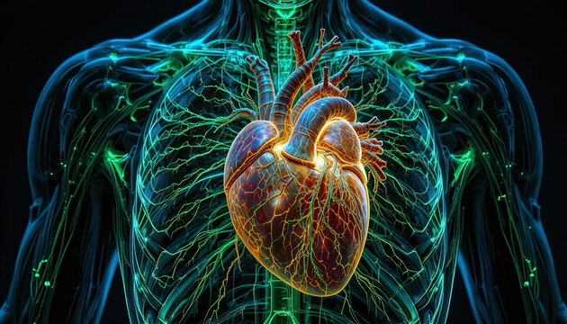 Human heart glows with intricate network of vessels and nerves inside a stylized chest cavity.