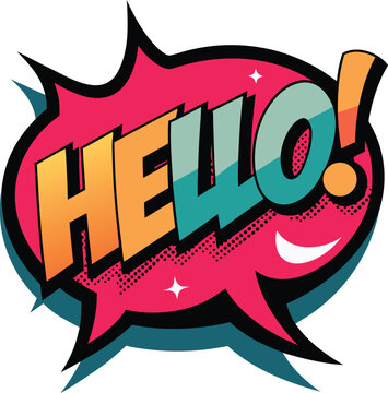 Speech Bubble with 'Hello!' Text in Comic Style, Featuring Vibrant Red, Teal, and Orange Colors, and Halftone Dot Patterns, Creating a Dynamic Pop