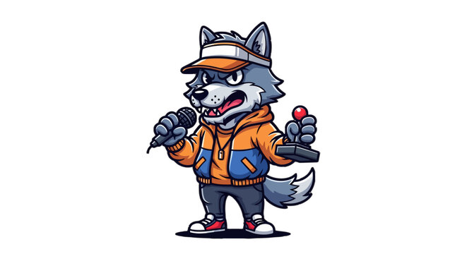 Cartoon Wolf Holding Microphone and Microphone Stand.