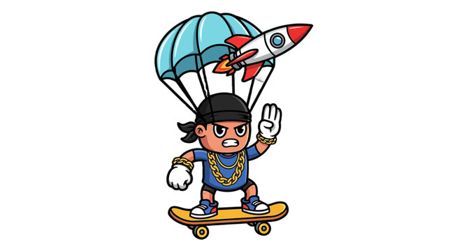 Playful cartoon boy parachuting and skateboarding joyfully together.