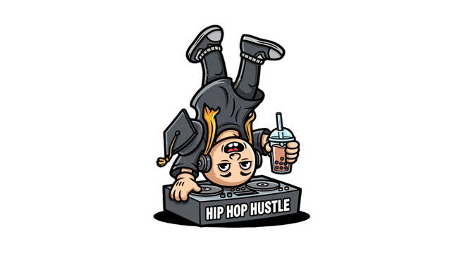 Cartoon Breakdancer Holding Beverage on Pedestal Stage.