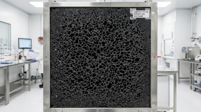 Square sample of porous black concrete with 28 percent porosity in a metal testing frame, situated in a scientific laboratory setting with a researcher visible in the background.
