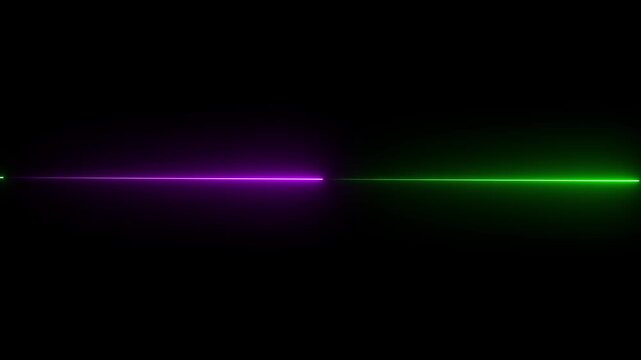 A dark, empty void serves as the backdrop for a sharp, thin horizontal line, split precisely in the middle with a vivid green neon glow on the left and a striking purple neon glow on the right