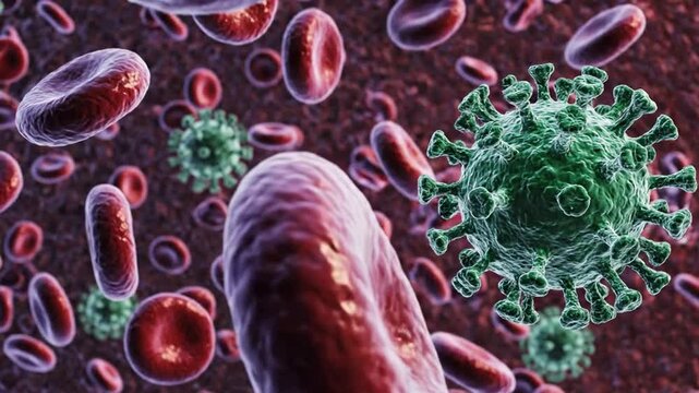 Microscopic view of virus particles and red blood cells in bloodstream.