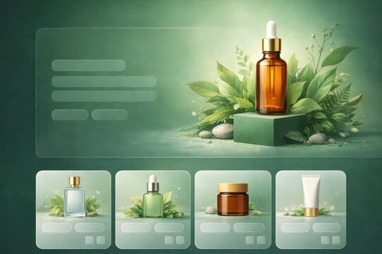 Serum bottles and tubes with green leaves on a pedestal and green background  natural skincare products display
