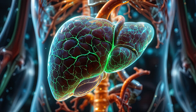Human liver anatomy is highlighted with glowing green nerve structures in this scientific visualization.