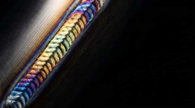 Abstract pattern of rainbow colors in a metallic weld seam, industrial welding detail, metal artistry macro close-up, industrial detail, manufacturing background