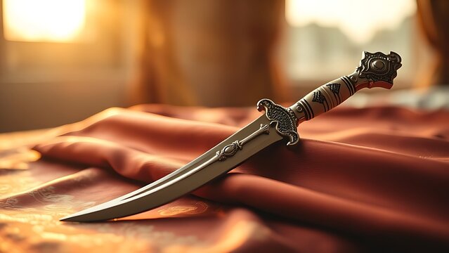 Ornamental kirpan on embroidered silk, cultural tradition and respect concept.