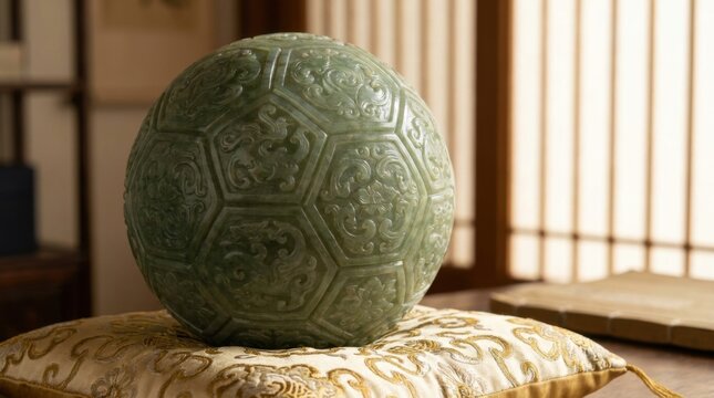 Intricately carved green jade soccer ball with ornate traditional patterns on hexagonal panels, resting on a decorative silk cushion within an elegant oriental interior room.