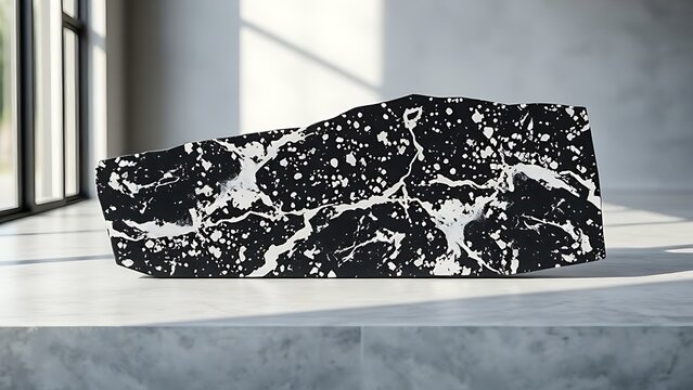 Polished diorite slab with speckled pattern on concrete, natural geology material.