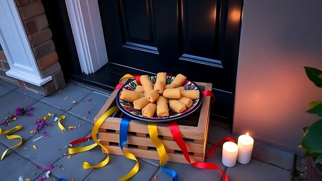 Teque&ntilde;os in wooden crate with yellow blue red ribbons, Venezuelan Independence Day celebration.