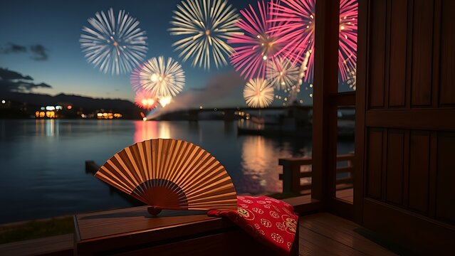 Folded fan and yukata sleeve on doorstep with fireworks over Sumida River, Tokyo summer celebration.